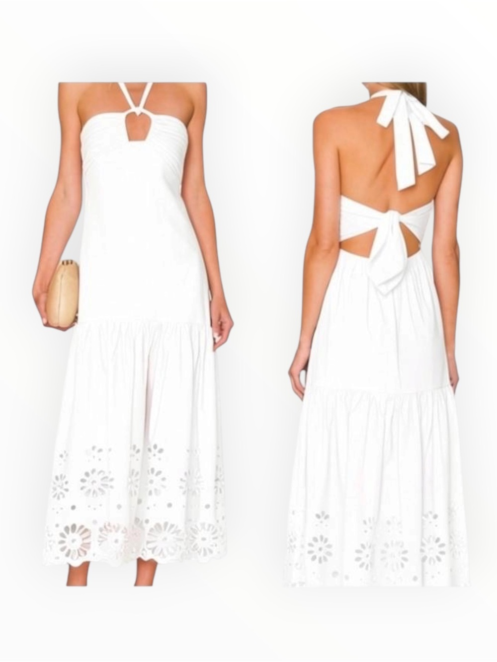 JASON WU White Eyelet Halter Neck Maxi Dress Open Back Tie S Wedding Bridal Trip